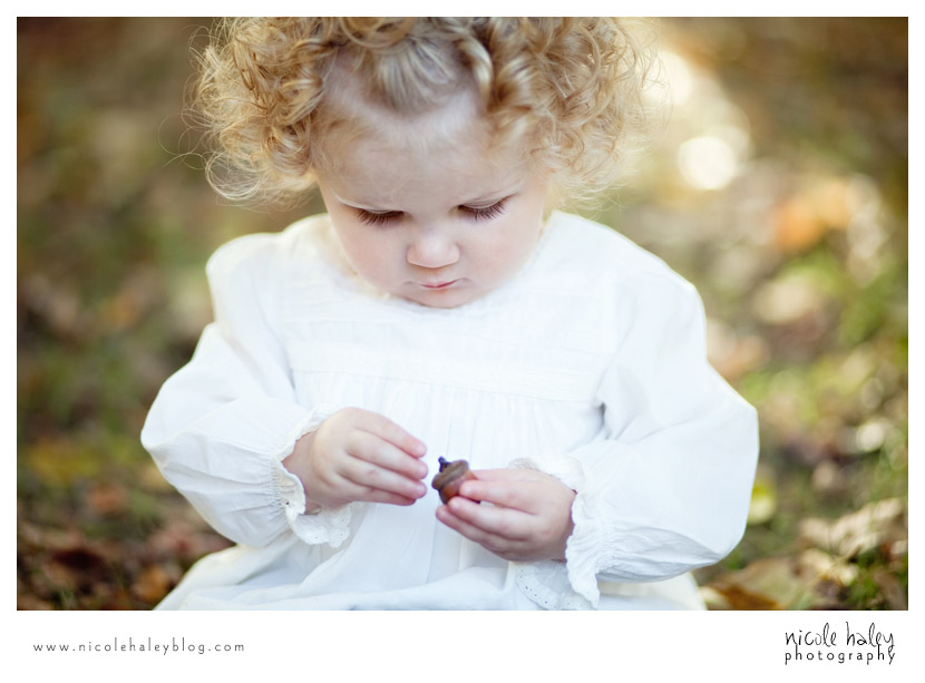 Ava, Nicole Haley Photography, Ann Arbor Child Photography, Beal Gardens, playing with acorns